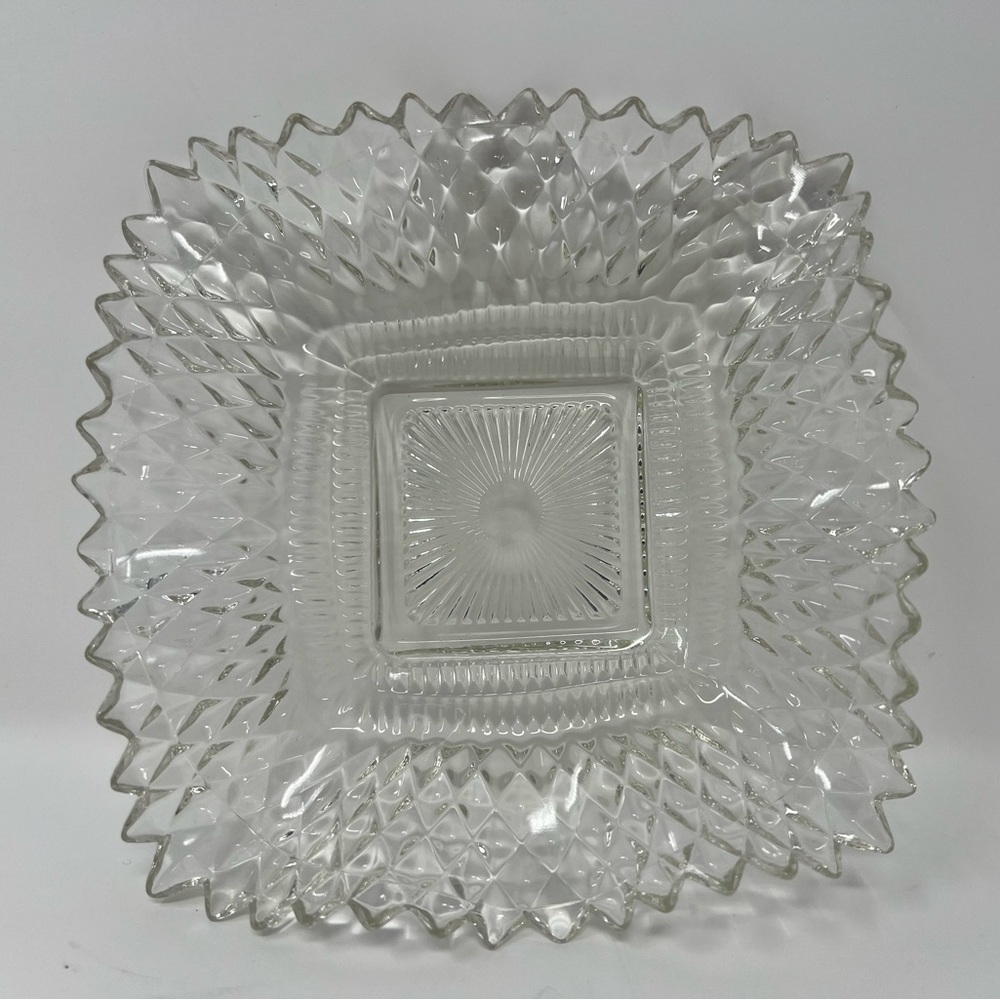 Vintage Indiana Glass Diamond Point Ruffle Edge Square Nut Candy Trinket Dish